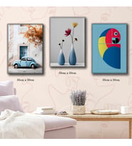 saksı renkli papağan bodrum sokakları saksı çiçek tablosu 3 adet 35cmx50cm kumaş baskılı canvas tablo