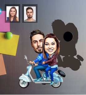 Kişiye Özel Vespa Motorcu Sevgili Karikatürlü Ahşap Magnet Mod-2