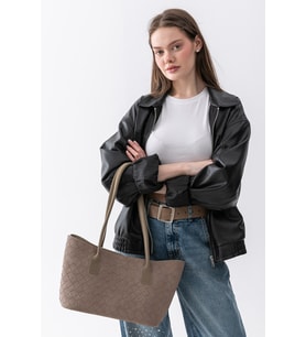 Paul Brand Terra Touch Örgü Desenli Yumuşak Süet Dokulu Makyaj Çantalı Kadın Shopper Omuz Çantası