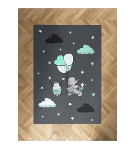 MEKTA HOME BEBEK VE ÇOCUK ODASI Yeşil Bulutlu ve Bisikletli Fil Desenli Halı