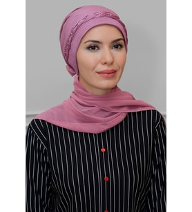 Gül Kurusu Pratik Hazır Geçmeli Tesettür Bone Fukuro Piliseli Örgülü Şifon Atkılı 1825A_18