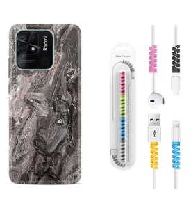 Xiaomi Redmi Note 7 8 9 Pro 10 2022 10 Pro 10S Kılıf Kablo Koruma Spiral Silikon Gri Mermer 1376