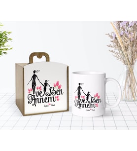 BK Gift Kişiye Özel Ahşap Kutuda Anneler Günü Temalı Annem ve Ben Tasarımlı Beyaz Kupa Bardak-1
