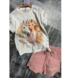 Kız Çocuk Üzeri Digital Bebek ve At Baskılı Penye T-Shirt Pudra Şortlu Takım