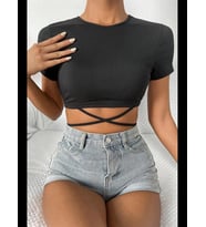 Fantezia Night Kadın Siyah Yarım Kol Çapraz Bağlamalı Crop Top Bluz