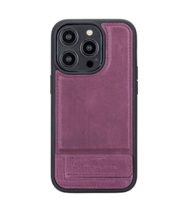 Bouletta Apple iPhone 14 Pro Uyumlu Deri Standlı Arka Kapak CZ7 (Mor)