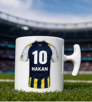 BK Gift Kişiye Özel Sarı Lacivert Taraftar Forma Numarası ve İsim Tasarımlı Baskılı Hammer Kulplu Kupa Bardak, Taraftar Hediyesi