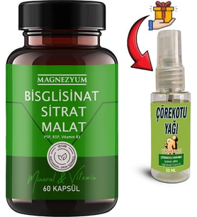 Magnezyum: 1 Adet Bisglisinat Magnezyum Sitrat Magnezyum Malat & Vitamin B2 B3 B6 ve Mineral Kapsülleri 60LI + 30 ml Çörek Otu Yağı
