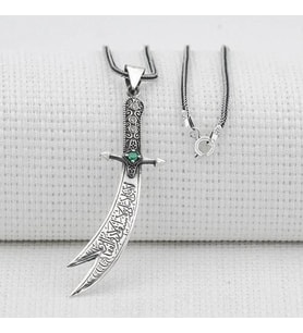 Yeşil Taşlı Zulfikar 925 Ayar Gümüş Erkek Kolye