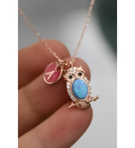 925 Ayar Gümüş Rose Kaplama Mineli A Harfli Opal Baykuş Kolye