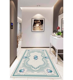 Turkuaz Klasik Göbekli Kaymaz Tabanlı Dekoratif Halı MK39 - 100 x 160 cm