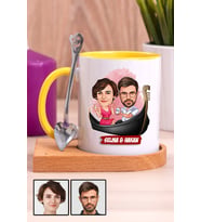 Çiftlere Özel Hediye Tek Taş Yüzük Temalı Karikatürlü Ahşap Altlıklı Sarı Kupa Bardak