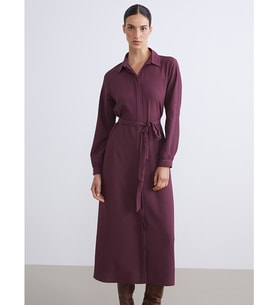 LCWAIKIKI Classic Bordo Beli Kuşaklı Dokulu Gömlek Elbise