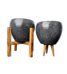 Bitki Tasarımı Siyah Granit Toprak Saksı Saksılık Salon Çiçeklik İkili Set 3 Ayaklı- 4 Ayaklı- 15 CM