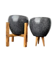Bitki Tasarımı Siyah Granit Toprak Saksı Saksılık Salon Çiçeklik İkili Set 3 Ayaklı- 4 Ayaklı- 15 CM