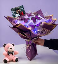 Kişiye Özel Fotoğraflı Renkli Led Işıklı Kelebek Buketi & Peluş Anahtarlık