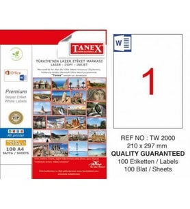 Tanex A4 Laser Etiket 210 x 297 mm, Tw-2000 Ücretsiz Kargo