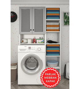 Kenzlife membran çamaşır makinesi dolabı sinemmaks gribyz panjur 180*096*30 mebran kapak MDF gövde kapaklı arkalıklı raflı (Beyaz-Gri)