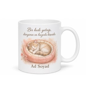 İsme Özel Kedi Yatağı Temalı Baskılı Kupa Bardak Hediye Kedi Severlere Özel