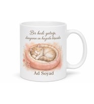 İsme Özel Kedi Yatağı Temalı Baskılı Kupa Bardak Hediye Kedi Severlere Özel