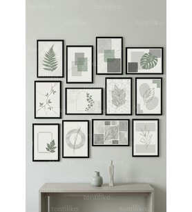 12 Parça Minimal Geometrik Yapraklar 2 Renk Seçenekli Dekoratif Çerçeve Görünümlü Tablo Seti