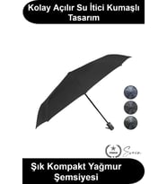 Orta Boy Yarı Otomatik Şemsiye Siyah Desenli Ergonomik Saplı Su İtici Kumaşlı Rüzgara Dayanıklı Meta