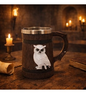 Orta Çağ Viking Tarzı Baykuş Figürlü Ahşap Görünümlü Kupa Bardak – Dekoratif Orta Çağ Mug