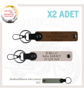 Biker Tarzına, İsim Plaka ve B Rh (+) Kan Grubu Yazılı Güvenli Sürüş Anahtarlığı x2, Kahve-Pudra-Gr