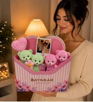 Premium Özel Seri Yeşil-Pembe Ayıcık Buketi Kişiye Özel Fotoğraflı