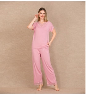 Mulvxbrf Brf02 Viskon Şık Tasarım Dantel İşlemeli Pembe Kısa Kol Pijama Takımı (Mulvix)