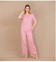 Mulvxbrf Brf02 Viskon Şık Tasarım Dantel İşlemeli Pembe Kısa Kol Pijama Takımı (Mulvix)