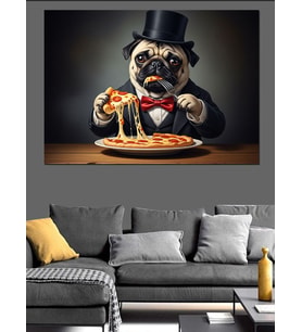 Pizza Yiyen Şık Pug Köpeği Dekoratif Kanvas - Mdf Ahşap Tablo