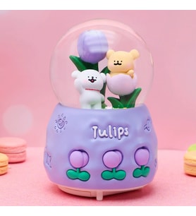Tulips Ayıcık ve Lale Temalı Işıklı Müzikli Püskürtmeli Büyük Boy Kar Küresi (Mor)