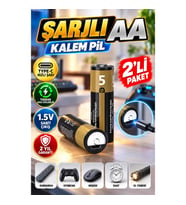 AA USB Şarjlı Lityum Pil 1.5V Sabit Çıkış Type-C Hızlı Şarj – 2’li Paket