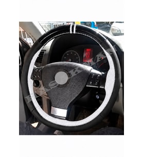 Vw Scirocco 3 Dikme Direksiyon Kılıfı Parlak Siyah Beyaz Detaylı Beyaz Çift Yüzük ve Dikiş 2008-2009