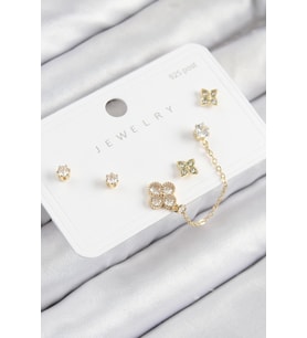 Pirinç Zirkon Taşlı Yonca Model Gold Renk 925 Ayar Gümüş Çivi Kadın Küpe Set (Altın)