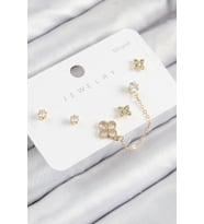 Pirinç Zirkon Taşlı Yonca Model Gold Renk 925 Ayar Gümüş Çivi Kadın Küpe Set (Altın)