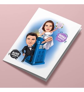 Kişiye Özel Maceracı Gelin ve Damat Karikatürlü Tebrik Kartı