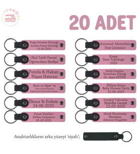 Pembe & Siyah, Nikah Günü Yakın Akrabalara Hatıra, 20'li Set, İsim Yazılabilir Hediyelik Anahtarlık
