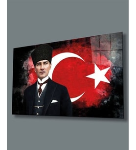 Atatürk ve Türk Bayrağı Cam Tablo 4mm Dayanıklı Temperli Hediyelik Büyük Tablo