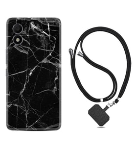 TCL 303 Kılıf Resimli Boyun Askılı İpli Desenli Silikon Fragile Black Mermer 1378