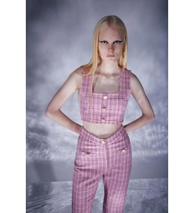 Tüvit Kumaş Crop Tweed Büstiyer Pembe
