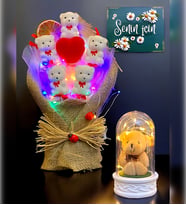 Premium Hediye Seti  Led Işıklı Peluş Ayıcıklı Fanus ve Renkli Led Işıklı Ayıcık Buketi