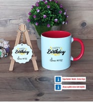 Happy Birthday Kupa Bardak Kırmızı ve Ahşap Anahtarlık Hediye (Model 1)