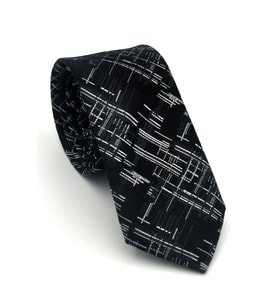 Beyaz Kırcıl Desenli Siyah Dokuma Kumaş Mendilli Slim Fit Kravat // SDK-2611-1