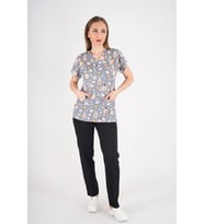 Unisex Snack Time Desenli Doktor Hemşire Cerrahi Scrubs Üniforma Takım (Siyah-Gri)