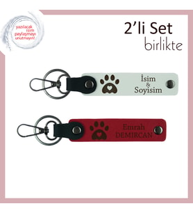 Evcil Hayvanını Unutulmaz Kılmak İsteyenlere, Kalpli Pati Anahtarlık Takımı, Beyaz-Kırmızı