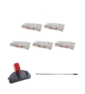 Dar Yedek Islak Mop Takımı - 5 Adet Beyaz 350 Gr. 17 Cm. Islak Mop + Metal Sap + Mop Tutucu