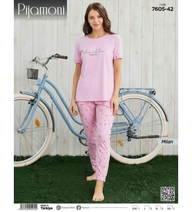 Pijamoni Kadın Milan Bisiklet Yaka Kısa Kol İnce Pijama Takımı 7605/42 - 1 Adet (Pembe)