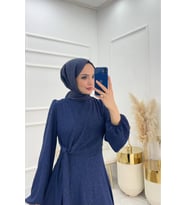 kadın bağlama detaylı jakarlı tesettür elbise NMS044